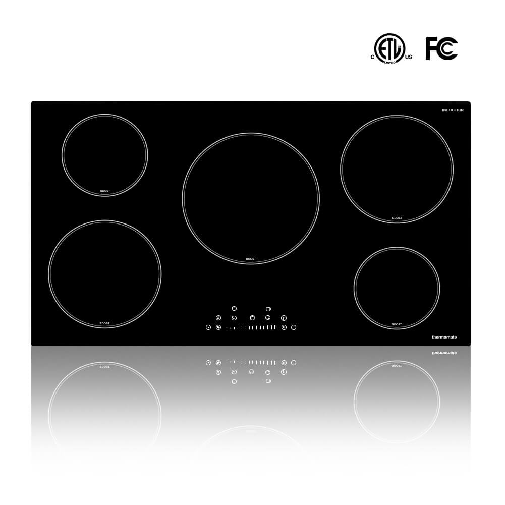 36 Inch Induction Cooktop, thermomate Built-in Electric Stove Top, 240V Electric Smoothtop with 5 Boost Burner, 9 Heating Level, Timer, Kid Safety Lock, Keep Warm Function, ETL & FCC Certified