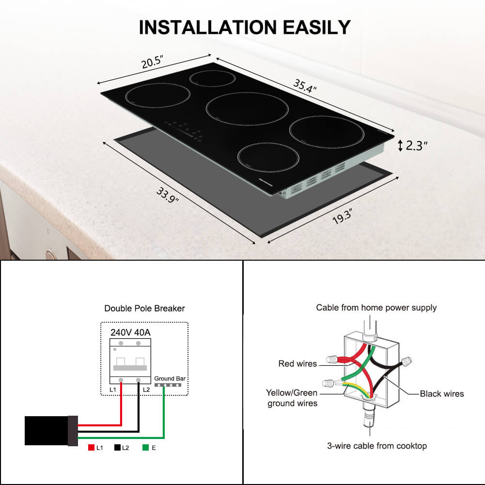 36 Inch Induction Cooktop, thermomate Built-in Electric Stove Top, 240V Electric Smoothtop with 5 Boost Burner, 9 Heating Level, Timer, Kid Safety Lock, Keep Warm Function, ETL & FCC Certified
