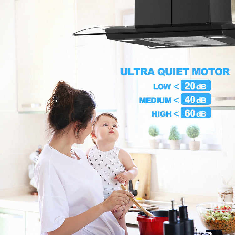 30 Inch Island Range Hood, thermomate 350 CFM Stainless Steel Stove Vent Hood with Aluminum Mesh Filters & 4 LED Lights, 3 Speed Exhaust Fan with Touch Control, Ducted/Ductless Convertible, Black