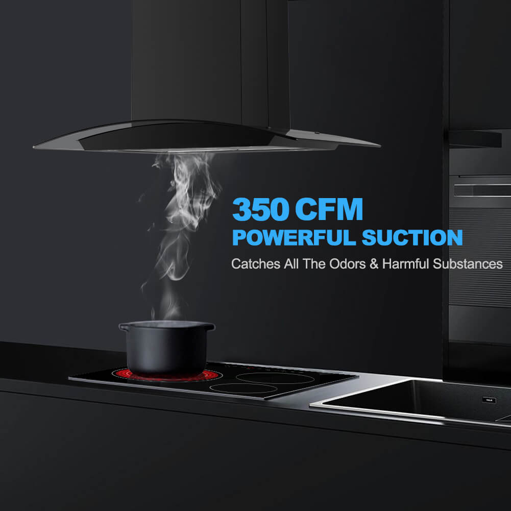 30 Inch Island Range Hood, thermomate 350 CFM Stainless Steel Stove Vent Hood with Aluminum Mesh Filters & 4 LED Lights, 3 Speed Exhaust Fan with Touch Control, Ducted/Ductless Convertible, Black