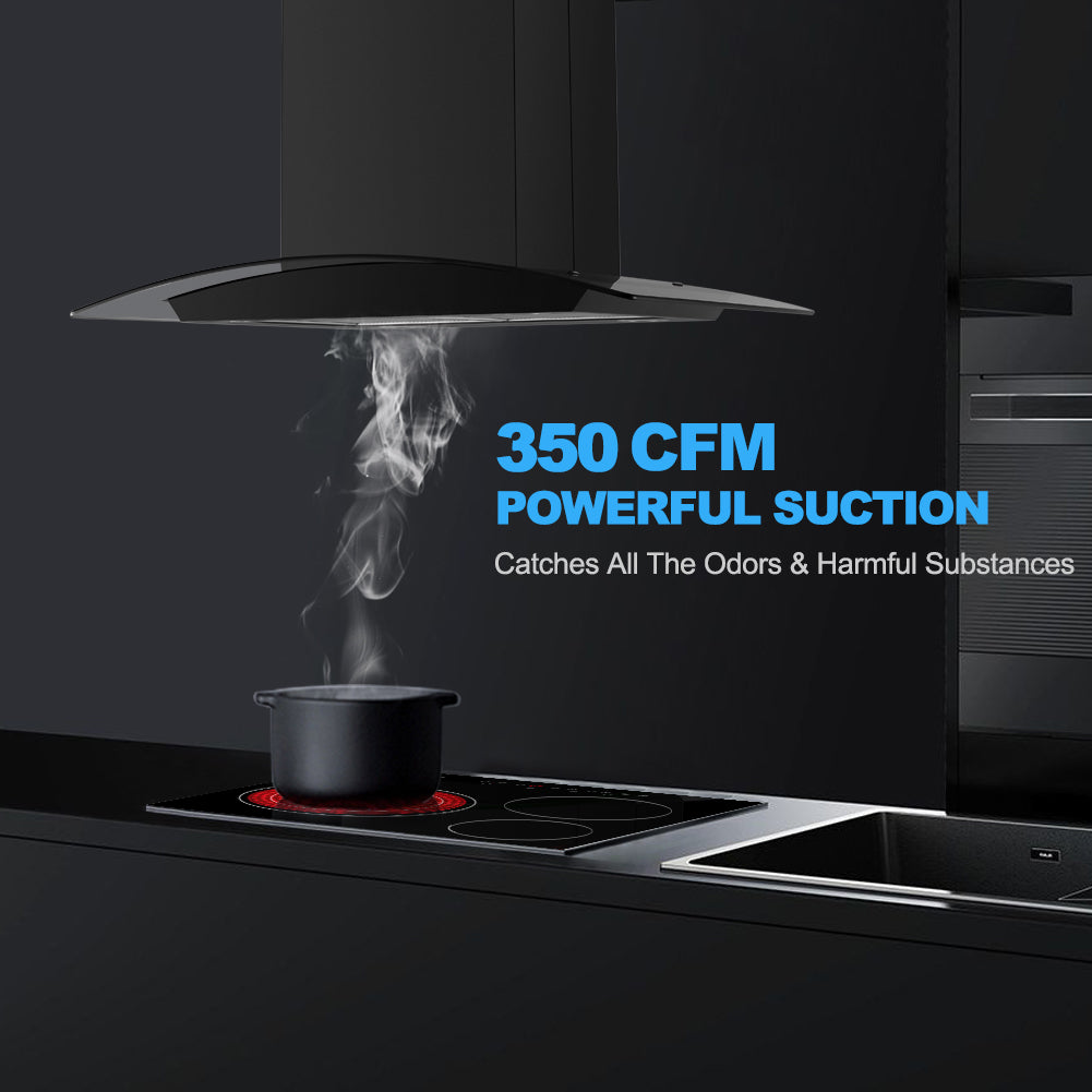 36 Inch Island Range Hood, thermomate 350 CFM Silver Stainless Steel Stove  Vent Hood with 4 LED Lights, 3 Speed Exhaust Fan with Touch Control