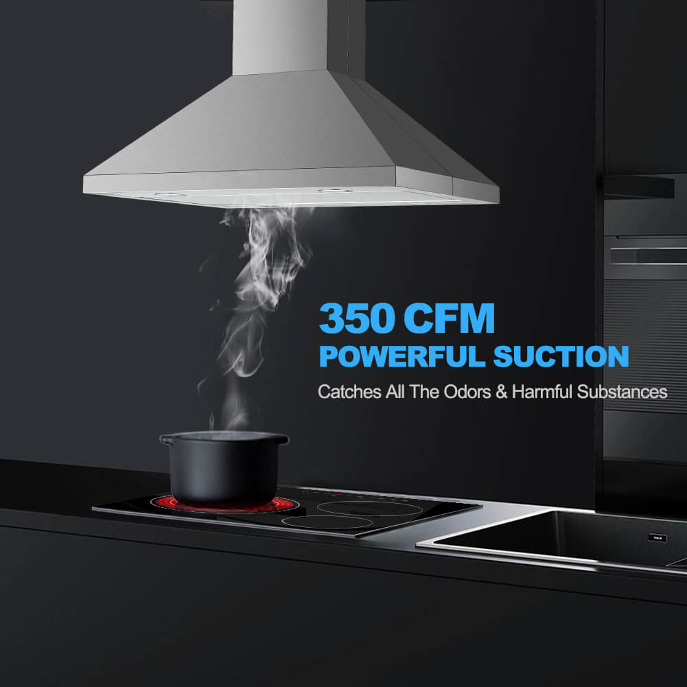 30 Inch Island Range Hood, thermomate 350 CFM Stainless Steel Stove Vent Hood with Aluminum Mesh Filters & 4 LED Lights, 3 Speed Exhaust Fan with Touch Control, Ducted/Ductless Convertible, Silver